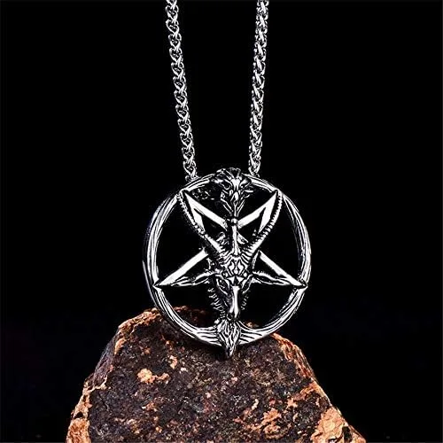 Vista 5 de Collar de pentáculo de acero inoxidable con cabeza de cabra satánica Baphomet, colgante de pentagrama invertido, cadena de 24 pulgadas, Acero