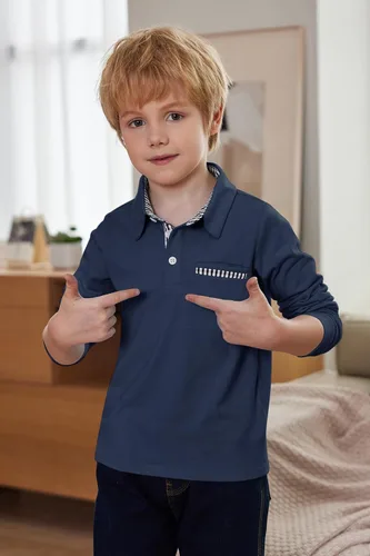 Vista 3 de Arshiner Polo de manga larga para niños, polo de algodón con bolsillo para niños