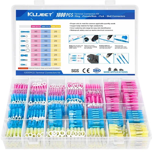 Vista 14 de Kuject 90 piezas conectores de alambre termorretráctiles, kit de terminales de cable eléctrico impermeables multiusos, conectores de crimpado