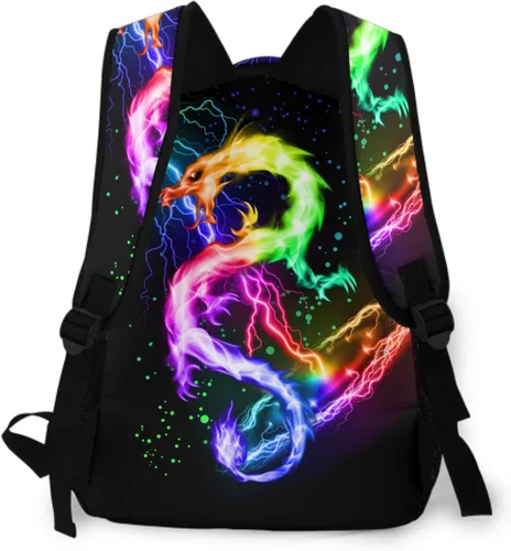 Vista 4 de Mochila con diseño de dragón de fuego rojo y azul para niños, mochilas de relámpago, mochila de animales para 2, 3, 4, 5, 6 grado, para niños