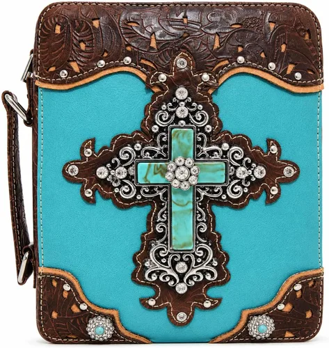 Vista 12 de Funda de la Biblia con versículo bordado de estilo occidental para mujer, bolsa de mensajero con correa extra Turquoise Cross, Full-Zip Protection