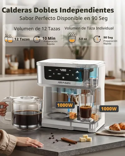 Vista 5 de AIRMSEN Cafetera dual programable de 12 tazas – Máquina de una sola porción para K-Pods y molido, preparación rápida de 1000 W, inicio retardado