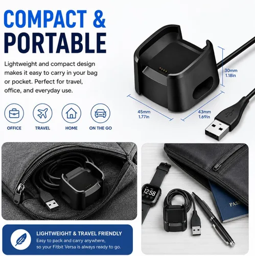 Vista 4 de Master Cables Cargador de repuesto para reloj inteligente Fitbit Versa, cable de carga USB, adaptador de base con carga rápida y protección