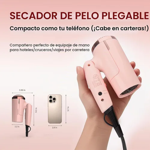 Vista 4 de PRITECH - Secador de pelo de viaje de doble voltaje de 1250 W con difusor, plegable