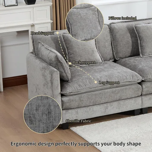 Vista 109 de Sofá seccional modular verde de 111.5", sofás seccionales grandes de 3 plazas para sala de estar, sofá nube oversized de tela chenille con otomana