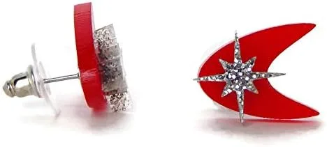 Vista 5 de Retro Red Boomerang Stud Earrings, Atomic 50s Acrylic Studs, Mid Century Modern Celestial Earring