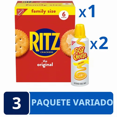 Vista 3 de RITZ Galletas Originales y Queso Fácil Cheddar, paquete variado de aperitivos, 1 caja de tamaño familiar y 2 latas