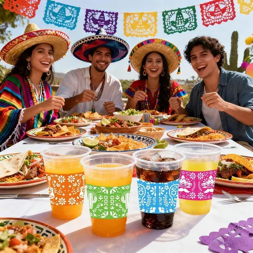 Vista 6 de 100 vasos de plástico para fiesta mexicana de 16 onzas
