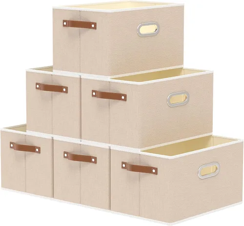 Vista 26 de Yawinhe Cestas de almacenamiento de tela, organizador plegable de armario para estantes, cajas grandes con 3 asas, contenedores de lona para ropa