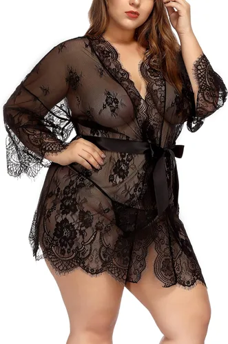 Vista 3 de TGD Conjunto de lencería para mujer en tallas grandes Bata de encaje tipo quimono