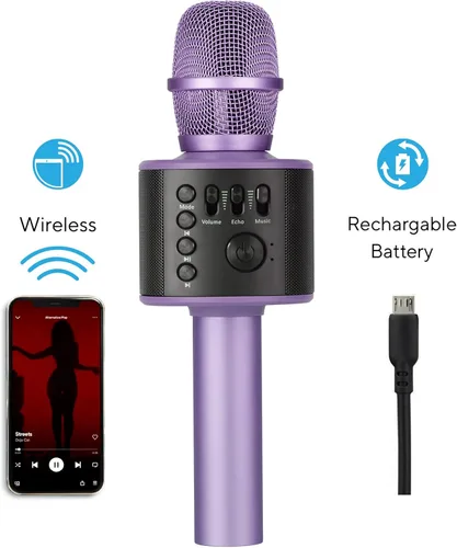 Vista 5 de Micrófono de karaoke inalámbrico Bluetooth con altavoces incorporados + grabación HD, micrófono portátil de mano Lila