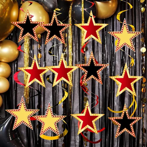 Vista 6 de Lenwen 39 espirales colgantes estilo estrella rojo dorado y negro para decoración nocturna de películas, alfombra roja, decoración de fiesta