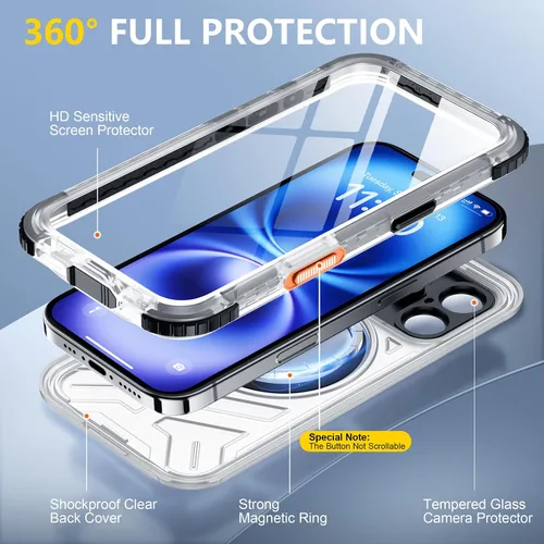 Vista 4 de Red2Fire Funda impermeable para iPhone 16, protector de pantalla integrado y protector de cámara, compatible con MagSafe, cuerpo completo a prueba