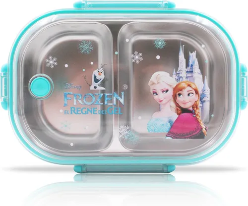 Vista 3 de Finex Caja Bento reutilizable azul de acero inoxidable con 2 compartimentos para alimentos con tapa transparente y cuchara - Princesa