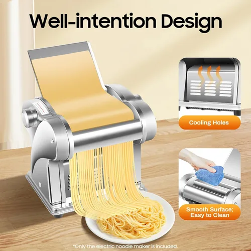 Vista 7 de Máquina eléctrica para hacer pasta, rodillo de masa eléctrico comercial, grosor de fideos, acero inoxidable ajustable, 135 W, máquina para hacer