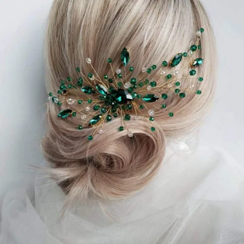 Vista 2 de Aimimier Peine para el cabello de cristal verde nupcial, con diamantes de imitación esmeralda, vid de graduación, fiesta, festival, boda, accesorios