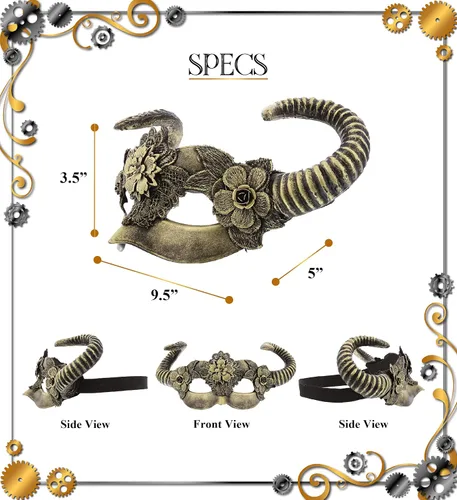 Vista 2 de Máscara de cuernos de hadas del bosque veneciano Steampunk Gold
