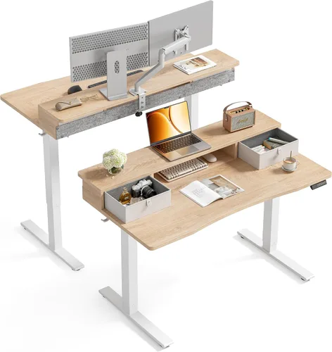 Vista 13 de FEZIBO - Escritorio eléctrico de altura ajustable de 48 x 24 pulgadas con cajón doble, escritorio para computadora, mesa de pie para oficina en casa