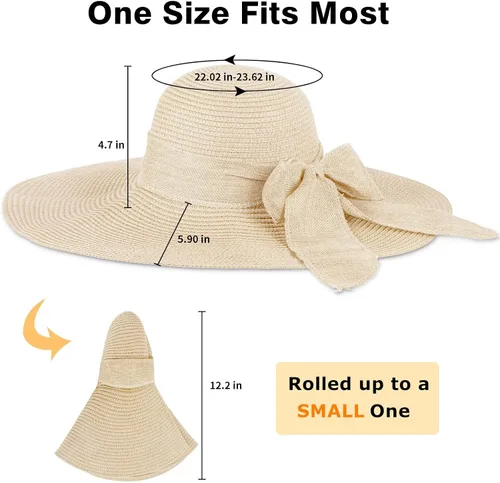 Vista 4 de Sombreros de playa para mujer, sombrero de paja flexible, protección UV, sombreros de vacaciones plegables de ala ancha, sombreros de viaje plegables