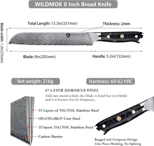 Vista 2 de WILDMOK Cuchillo de pan de acero dentado de Damasco, cuchillo de pan dentado de 8 pulgadas, mango ergonómico de resina de espiga completa, afilado