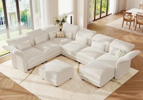 Vista 37 de LLappuil - Sofá seccional en forma de L con almacenamiento, sofás seccionales modulares beige de pana para sala de estar con brazos y respaldos Pana
