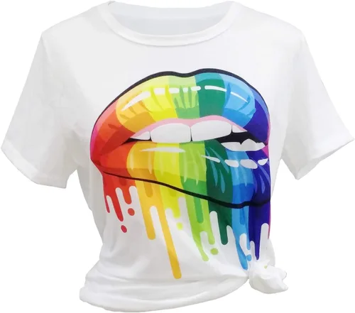 Vista 9 de Camiseta de los años 80 con estampado de labios de color casual para mujer, camisetas de verano de manga corta con gráfico divertido Negro