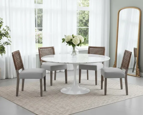 Vista 12 de Juego de 2 sillas de comedor de granja, sillas de comedor tapizadas con respaldo tejido a mano, asiento acolchado suave y patas de madera Beige