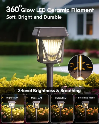 Vista 3 de Luces solares de jardín, paquete de 6 luces brillantes para camino con panel grande, 36 horas de duración, carga rápida tipo C, respiración