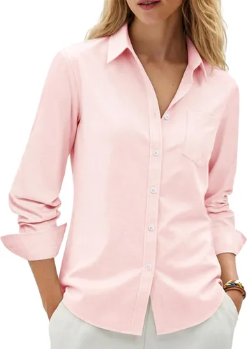 Vista 20 de siliteelon Camisas con botones para mujer, camisa Oxford de algodón, camisa de vestir de manga larga, blusas de trabajo con bolsillo