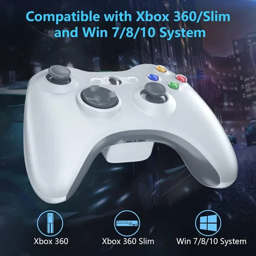 Vista 3 de Controlador inalámbrico para Xbox 360, 2.4GHZ Gamepad Joystick Control remoto para PC Windows 7,8,10 con adaptador receptor, blanco