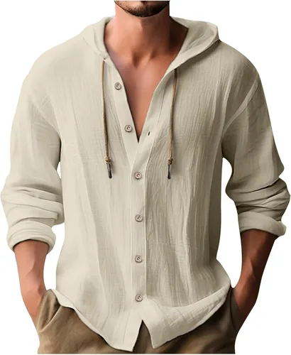 Vista 13 de Camisa de lino para hombre, casual, ligera, mexicana, guayabera, abotonada, playa, verano, sudadera con capucha y manga larga, camisa hawaiana