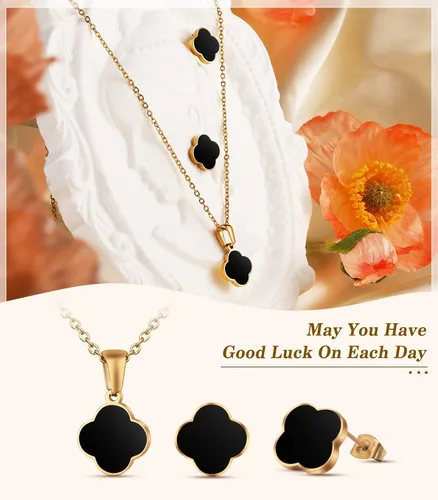 Vista 5 de Vivflavor - Juego de aretes de trébol de buena suerte para mujeres y niñas, collar clásico con colgante de trébol de 4 hojas, diseño de trébol