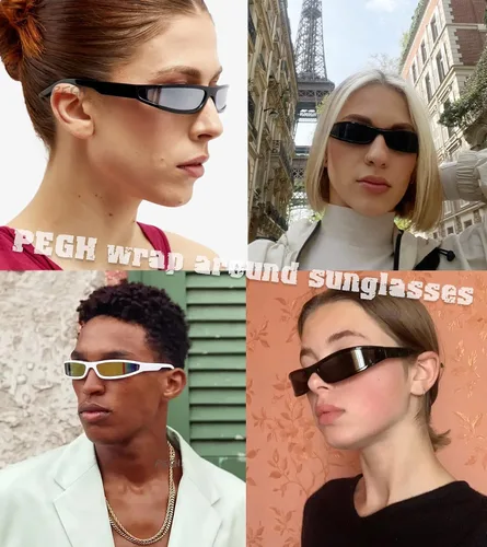 Vista 3 de Y2K - Lentes de sol envolventes para mujeres y hombres, lentes de sol rectangulares de marco estrecho pequeño de los años 90 para deportes futuristas
