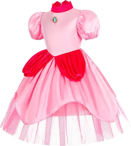 Vista 2 de Yipkorra Disfraz de princesa melocotón para niñas, vestido de melocotón con accesorios para Halloween, cosplay