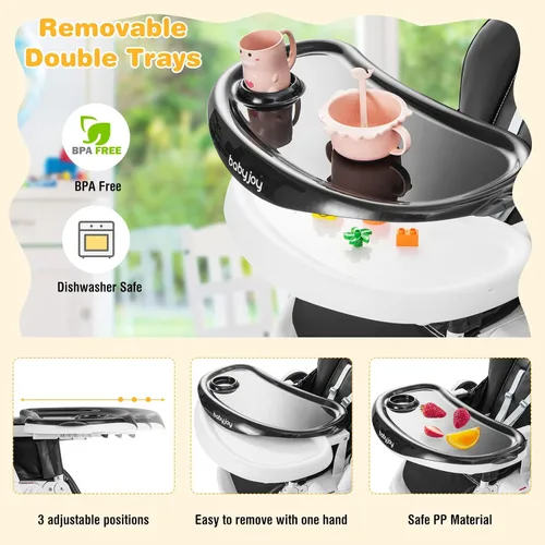 Vista 4 de BABY JOY Silla alta para bebés y niños pequeños, silla alta plegable con respaldo/reposapiés/altura del asiento, bandejas extraíbles dobles, cojín