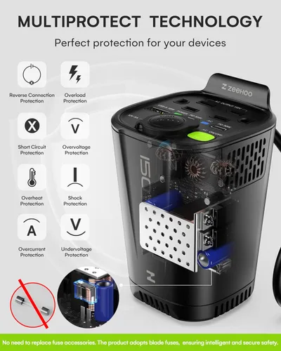 Vista 5 de Inversor de corriente para automóvil de 150 W, 12 V CC a 110 V CA Adaptador de enchufe de automóvil, convertidor de tomacorriente, con 2 salidas