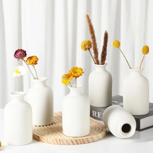 Vista 3 de YANLING 6 Piezas Jarrones de Cerámica Blancos para Decoración del Hogar, Jarrones de Cerámica Blanca de 5.6 pulgadas para Centros de Mesa, Pequeños