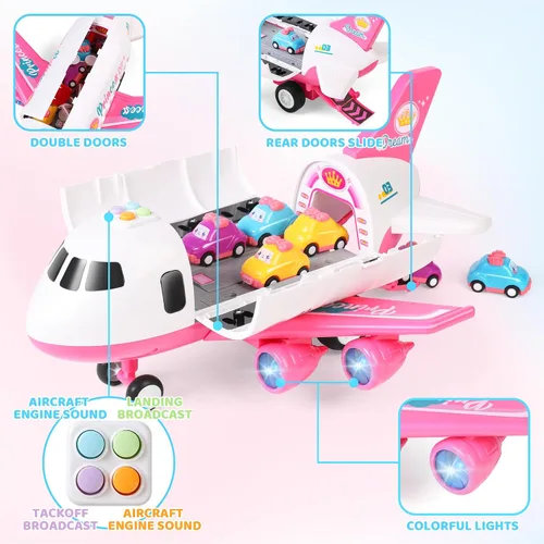 Vista 3 de Dwi Dowellin Juguete de avión rosa con 6 camiones y tapete de juego, avión con luces y sonidos para niños y niñas de 3, 4, 5, 6, 7 años