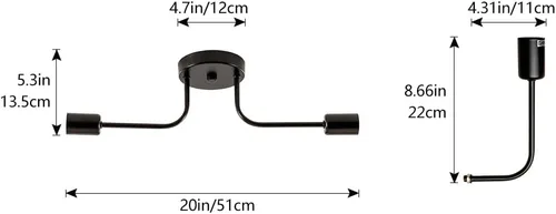 Vista 2 de 2 lámparas de techo industriales semiempotradas con ramificación de metal ajustable, soporte E26, pintado en negro, para cocina, sala de estar