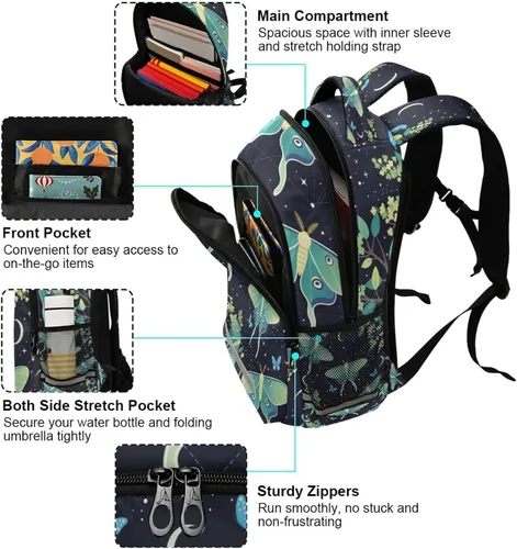 Vista 5 de ALAZA Mochilas de viaje con diseño de mariposa, luna y estrella, color azul turquesa, mochila escolar para hombres, mujeres, adolescentes y niños