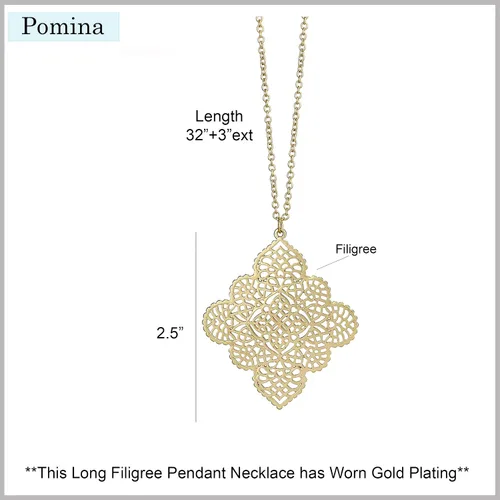 Vista 4 de POMINA Collar largo con colgante de filigrana floral geométrico dorado, suéter de moda casual simple, collar largo de cadena de oro para mujer
