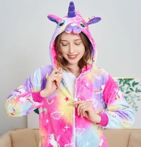 Vista 4 de Pijama de unicornio para adultos, disfraz de animal de una sola pieza, pijamas de Halloween, ropa de dormir, regalos para mujeres y hombres