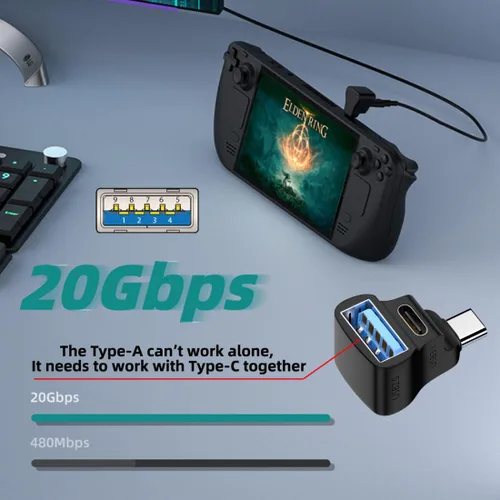 Vista 8 de chenyang Divisor USB C, USB C a USB 2.0/USB C 20Gbps PD100W 4K60Hz Adaptador de extensiones para HDTV/Disco/Teclado/Ratón Soporte Steam Deck