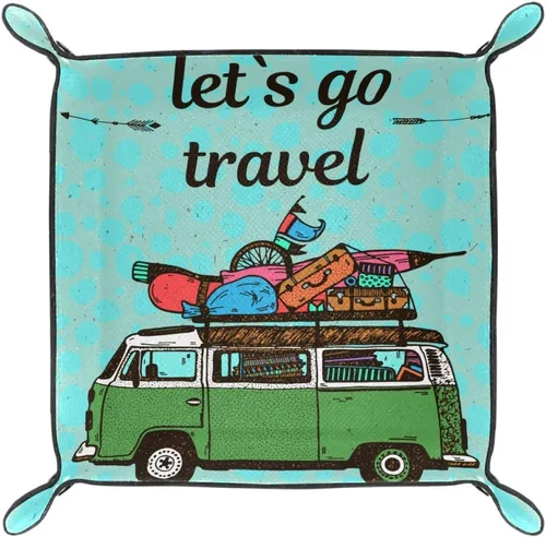 Vista 2 de AISSO Valet Tray Green Vintage Mini Van and Luggage Printing Leather Jewelry Trays Organizer Box for Wallets, Watches, Keys, Coins, Cell Phones and