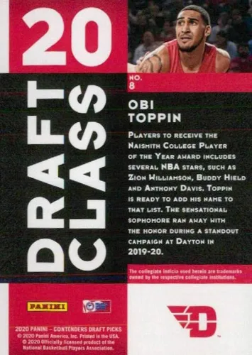 Vista 2 de 2020-21 Panini Contenders Draft Picks Draft Class #8 Obi Toppin Dayton Flyers RC Rookie Basketball Trading Card
