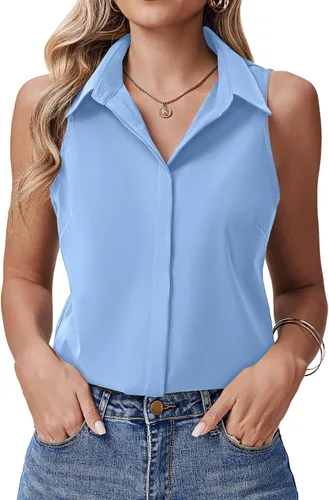 Vista 13 de HOTOUCH Camisas sin mangas con botones ocultos para mujer, frente con botones ocultos, cuello, blusas casuales elegantes holgadas para oficina