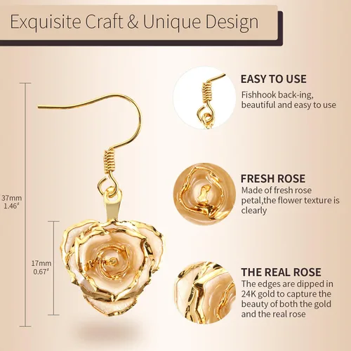 Vista 7 de AliveRose Juego de collar y aretes de rosa sumergida en oro, el mejor regalo para su esposa y mujeres en aniversario, día de San Valentín
