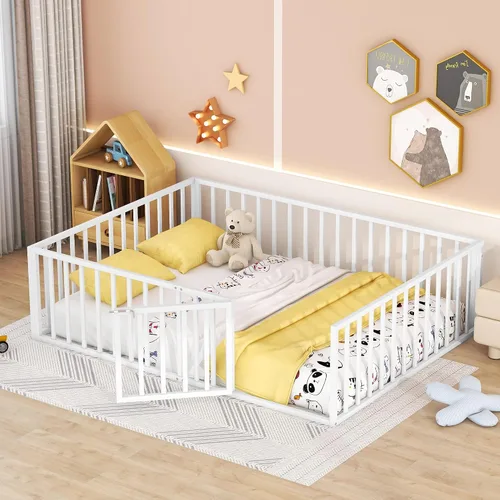 Vista 18 de Cama juguetona en forma de casa de tamaño matrimonial con estantes y luces, marco de cama de metal con techo para niños, adolescentes y adultos, un