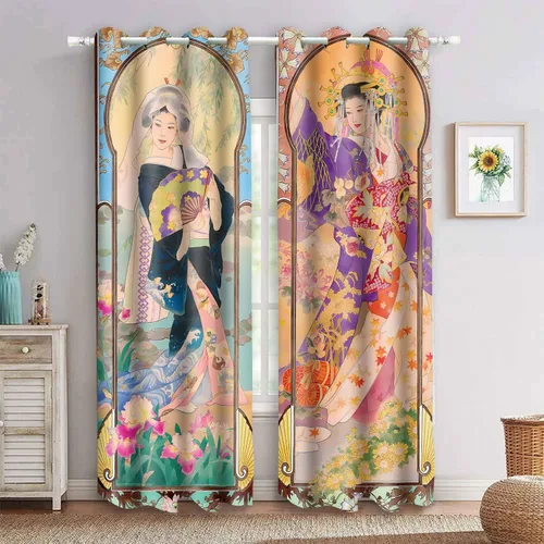 Vista 2 de Art Nouveau - Cortinas opacas de geisha japonesa de verano, serie de temporada de otoño, cortina estilo pintura al óleo, montaje en flor de cerezo