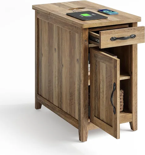 Vista 12 de LINSY HOME - Mesa auxiliar con estación de carga, mesa lateral para dormitorio con cajón y soporte desmontable, estante de almacenamiento con puerta